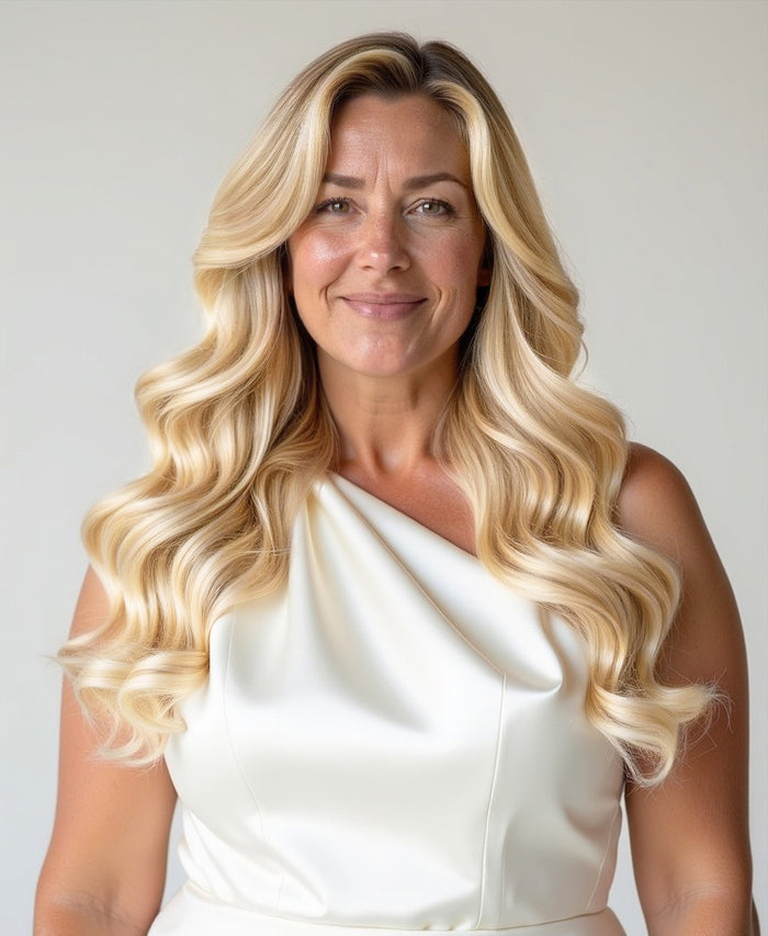 Woman with long blonde hair extensions wearing a white one-shoulder dress against a plain background
