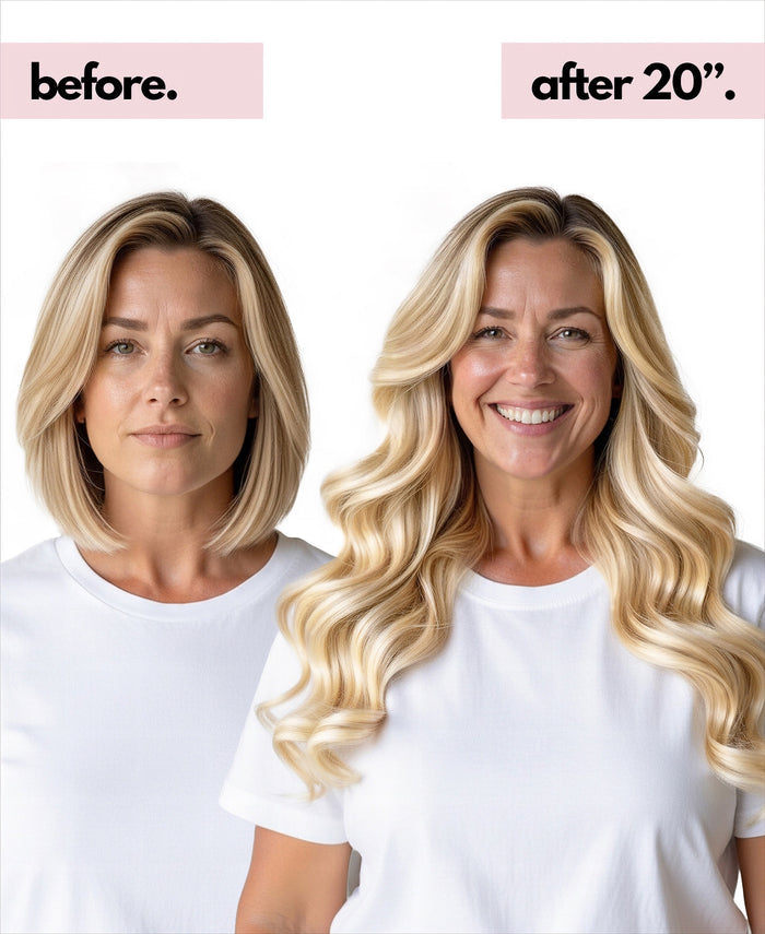 Before and after comparison of a woman with blonde hair, showing a transformation with extensions.