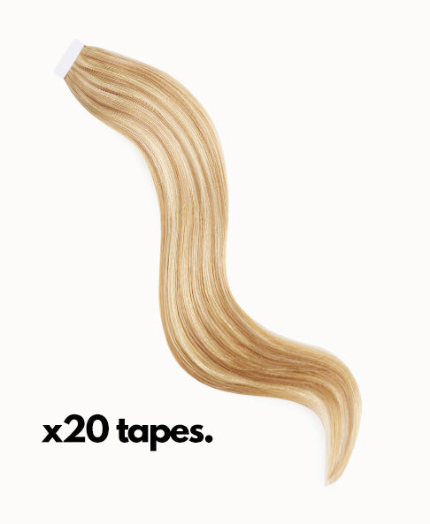 tape-in hair extensions golden highlights.