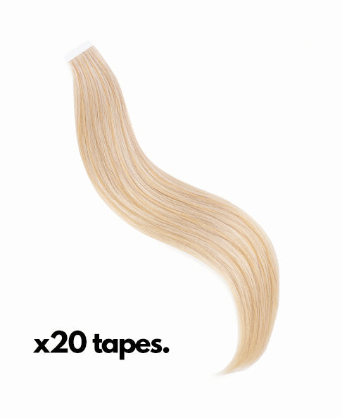 Blonde hair extension with 'x20 tapes.' text on a white background