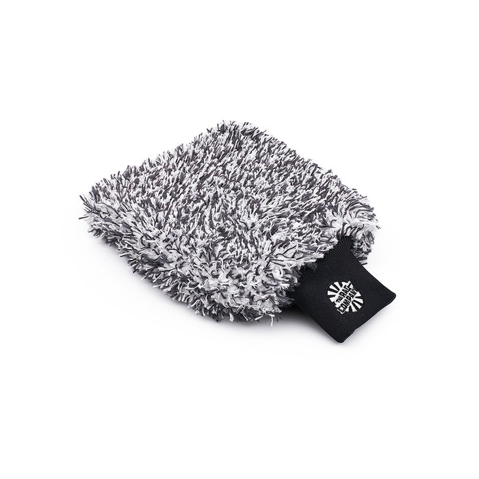 The Cyclone Ultra Wash Mitt from The Rag Company. It has a black and white twist loop microfiber with a patented microfiber liner, and a long cuff with the TRC logo
