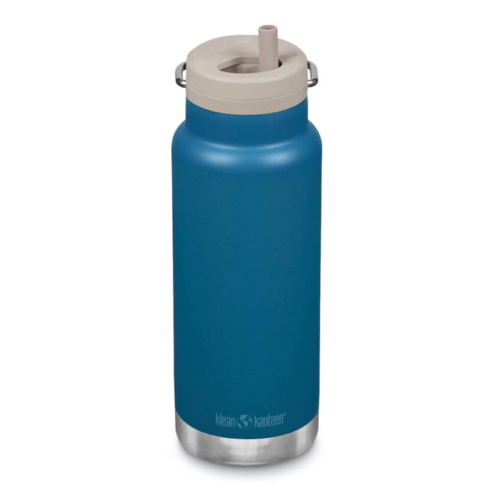 Klean Kanteen TK Wide Insulated Water Bottle 946ml with Twist Cap - Corsair. Blue bottle with beige lid & straw on a white background.