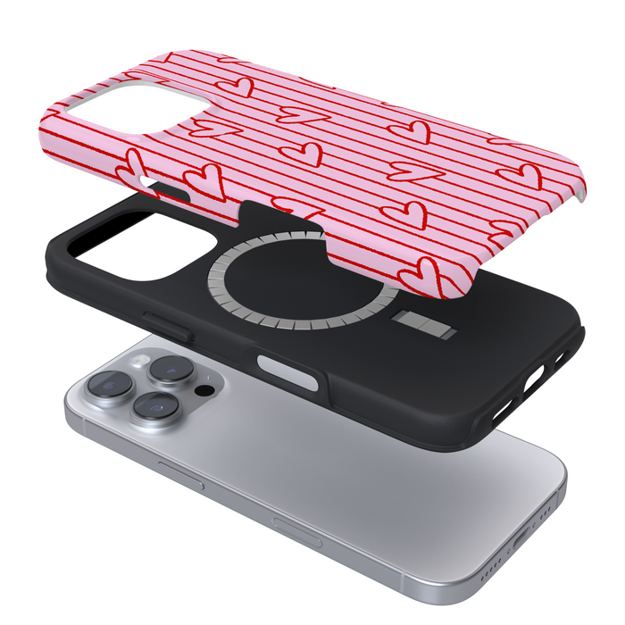 Expanded Magsafe phone case with a red heart pattern on a white background