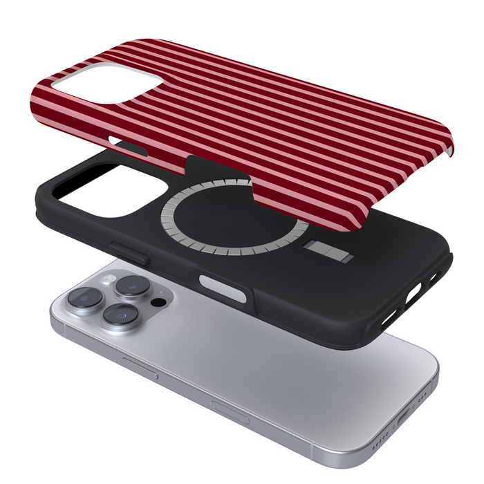 Coconut Lane Tough MagSafe phone case in Mulberry Stripes, shown in exploded view with layered black circle accents.