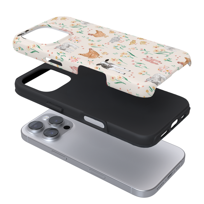Expanded view of a phone case with a farm animal print on a white background