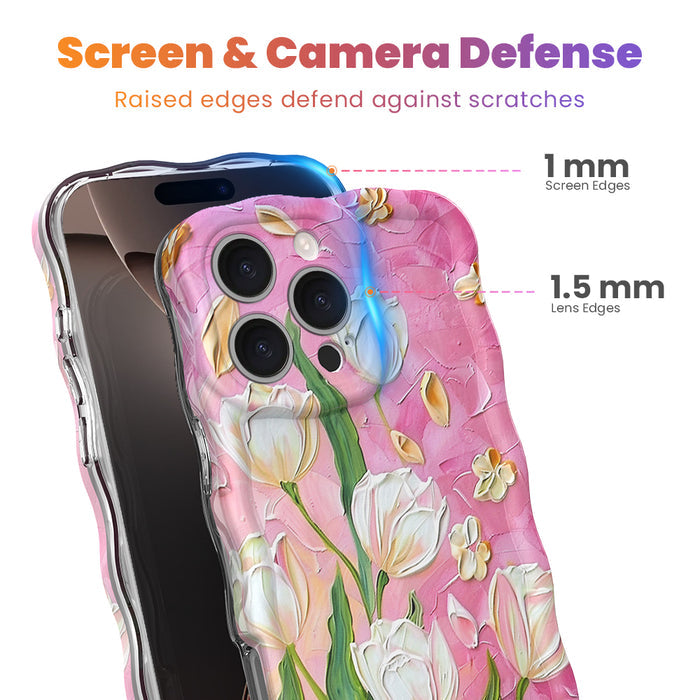 Pink wavy iPhone case featuring painterly white and pink tulips with green stems and iridescent finish.