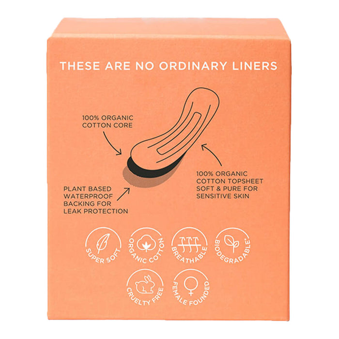 The back of a box of organic cotton ultra thin panty liners designed for everyday wear. The packaging features details about its 100% organic cotton and plant-based waterproof backing.