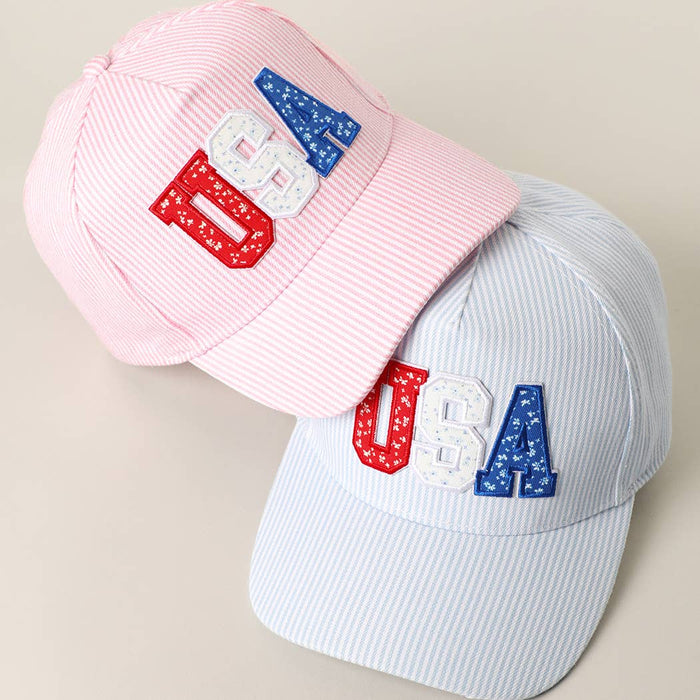 USA Letter Patch Striped Trucker Hat 
: PINK