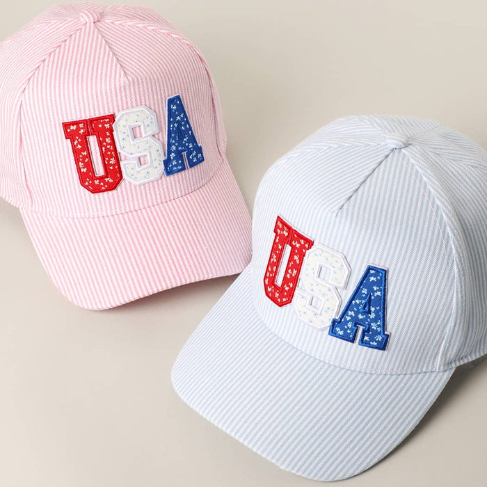 USA Letter Patch Striped Trucker Hat 
: PINK