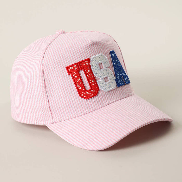 USA Letter Patch Striped Trucker Hat 
: PINK