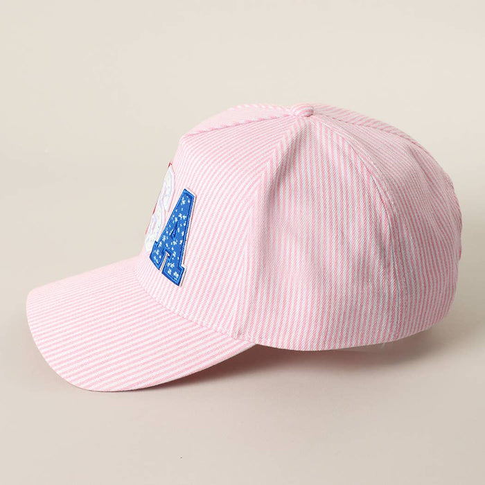 USA Letter Patch Striped Trucker Hat 
: PINK