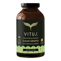 180g Vitus Clean Greens Vegan Powder in a brown glass supplement bottle on a white background.