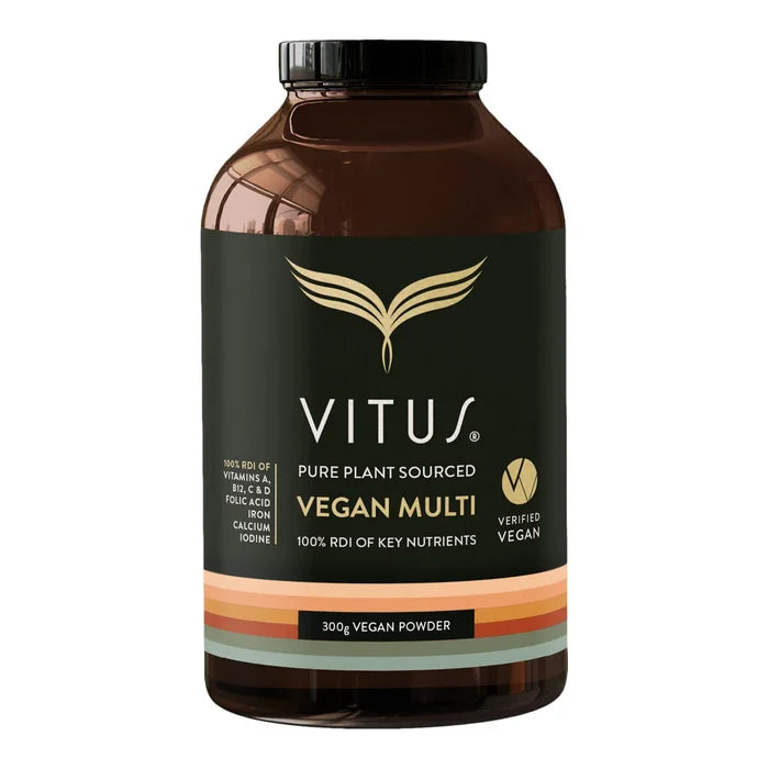 300g glass bottle of VITUS Vegan Multi Powder. Contains 100% RDI of Vitamins A, B12, C & D, Folic Acid, Iron, Calcium, Iodine.