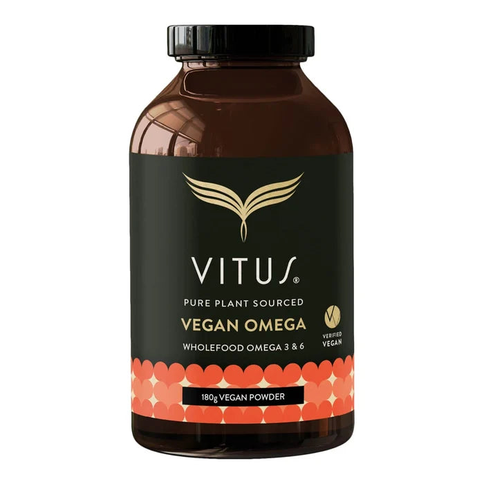 Front of 180g glass supplement bottle of vegan omega powder with omegas 3 & 6.