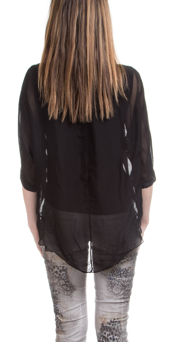Washable Silk Top w/ Frayed Hem/Black
