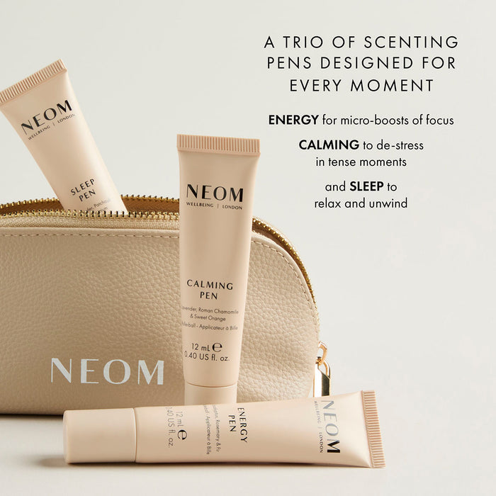 NEOM wellbeing scenting pens trio including energy, calming and sleep pens with travel pouch