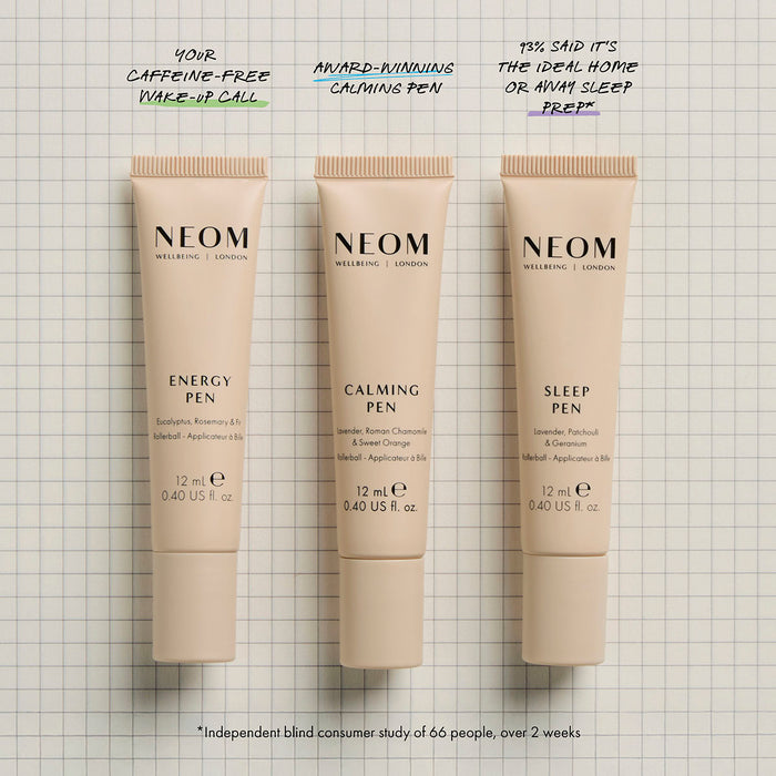 NEOM energy, calming and sleep pens lineup showing essential oil blends for focus, stress relief and sleep