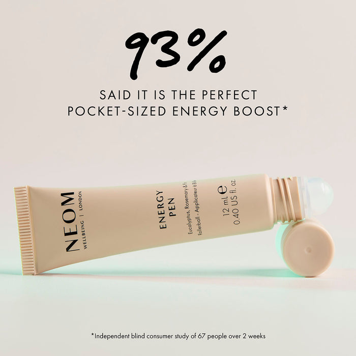 NEOM energy pen roll-on essential oil shown with consumer study highlighting pocket-sized energy boost