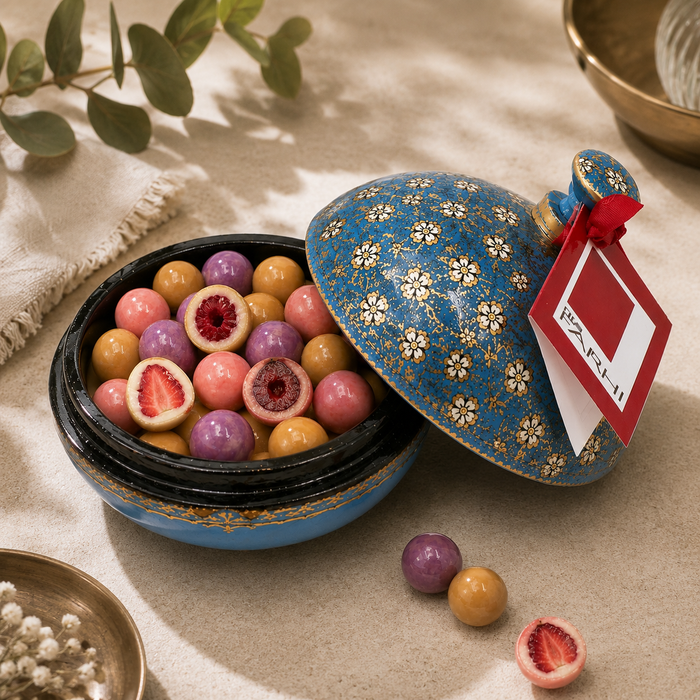 White Chocolate Strawberry, Raspberry & Cherries,  in a Handmade Bonbonnière, Palm Oil Free, 130g