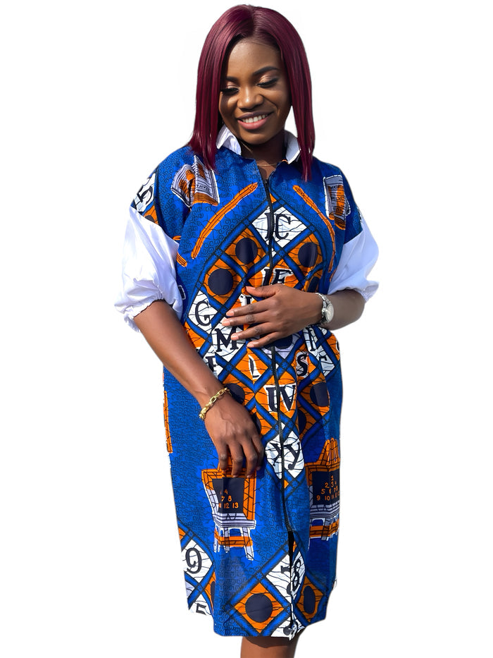 Zip-Up Ankara Shirt Dress – 001 - Blue & Orange Print
