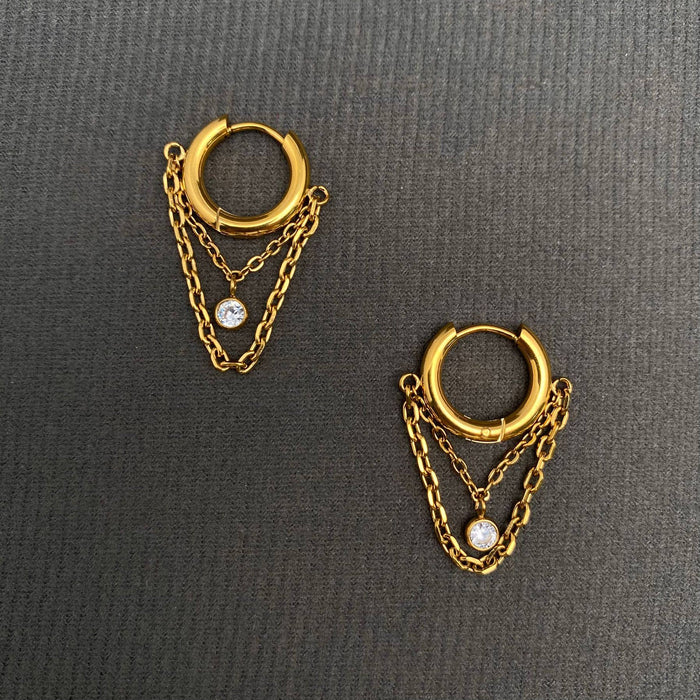 Zircon inlaid chain Fringe 18K Golden SS huggie Earrings-FGS